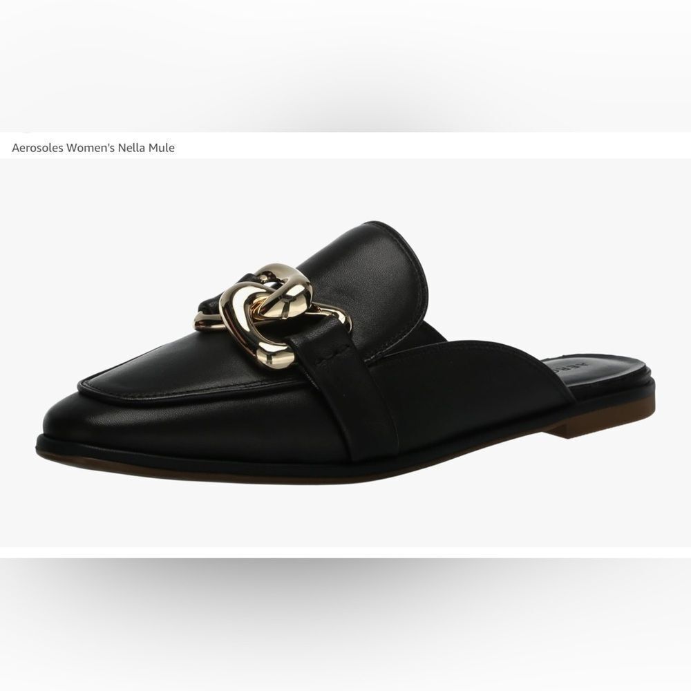 AEROSOLES Black Leather Chain-Accent Mule
